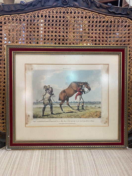 "Tengo una idea... por muy duro que sea..." Grabado antiguo de la serie "Sporting Notions" de Henry Alken, 1832