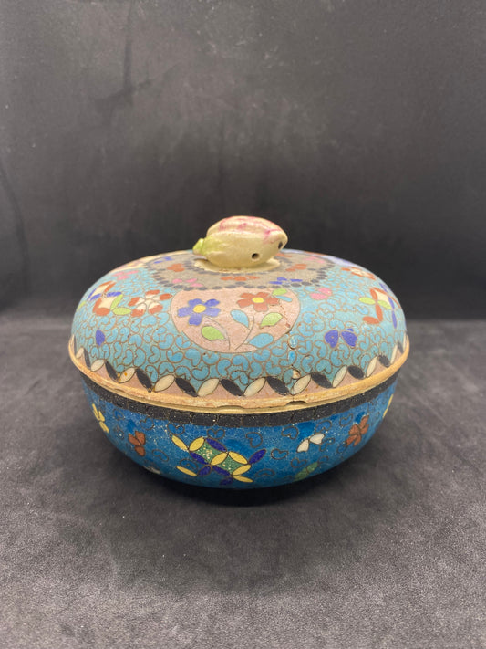 Rare Totai Shippo Cloisonné & Satsuma Porcelain Lidded Bowl w Bud Finial, Meiji Period