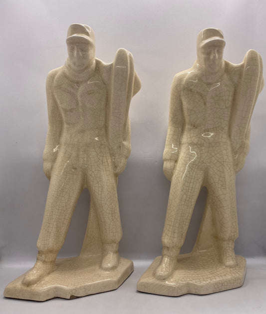 Pair of Art Deco Skier Figurines, 1930s European Signed by Emaux de Louviere.