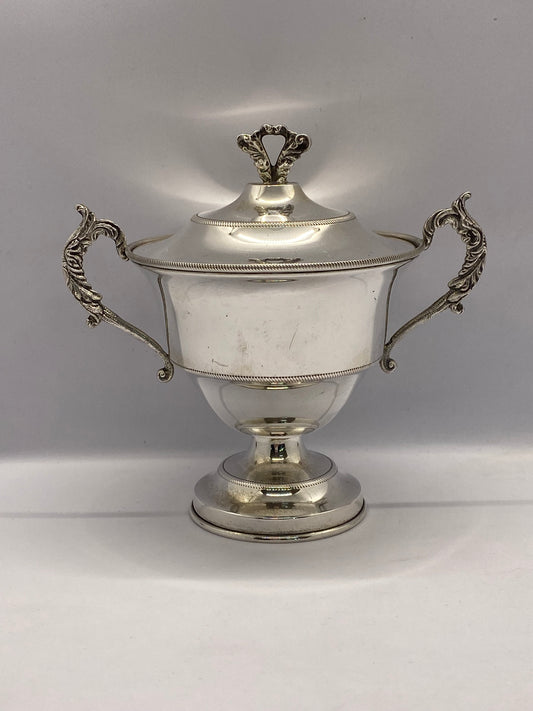 Antique European Twin Handle Lidded Chalice in .800 Silver with Scrolled Finial & Beaded Edging