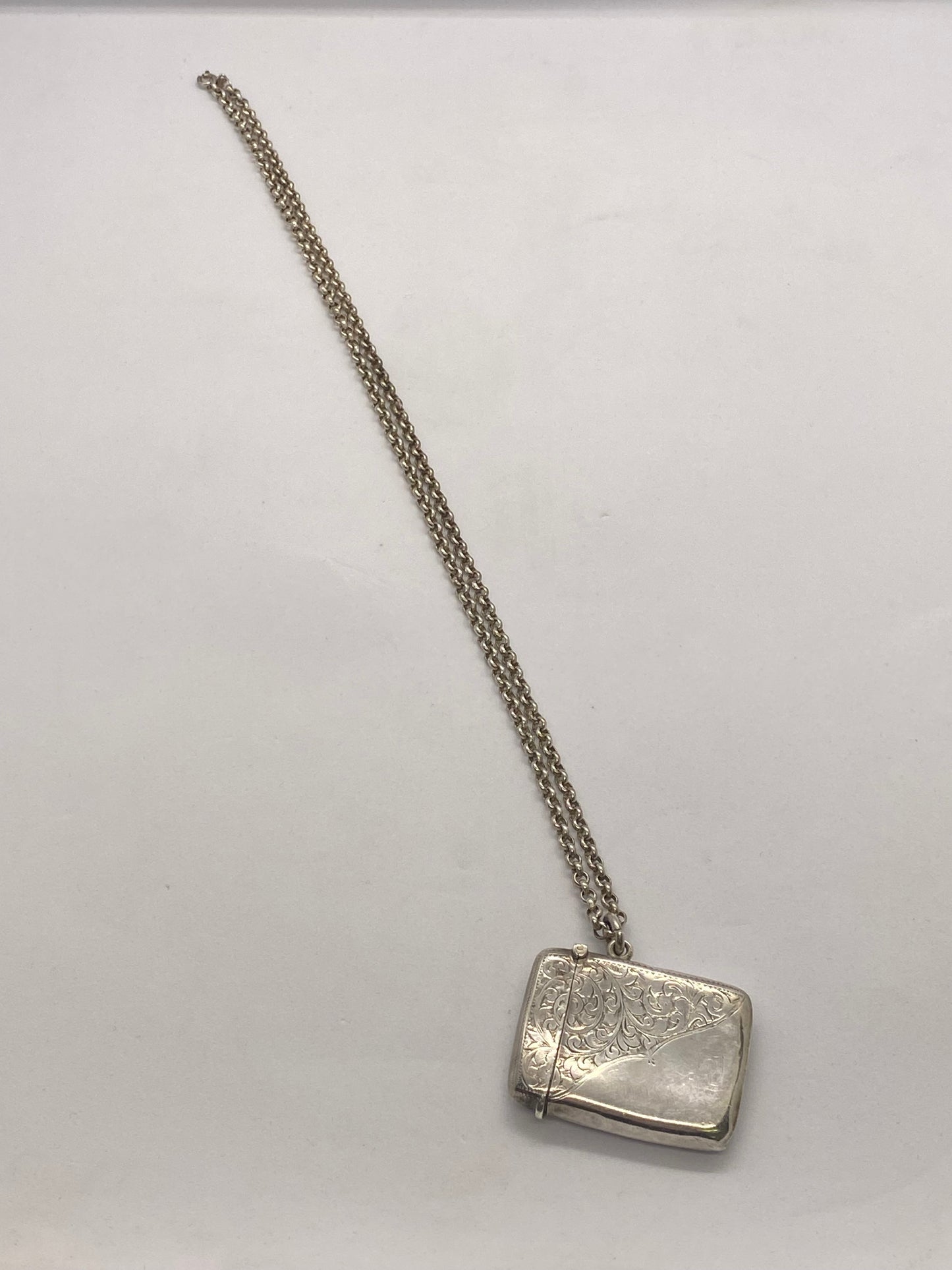 Antique Edwardian Era Sterling Silver Vesta Case & Belcher Chain, Albert Jackson, Birmingham, 1905