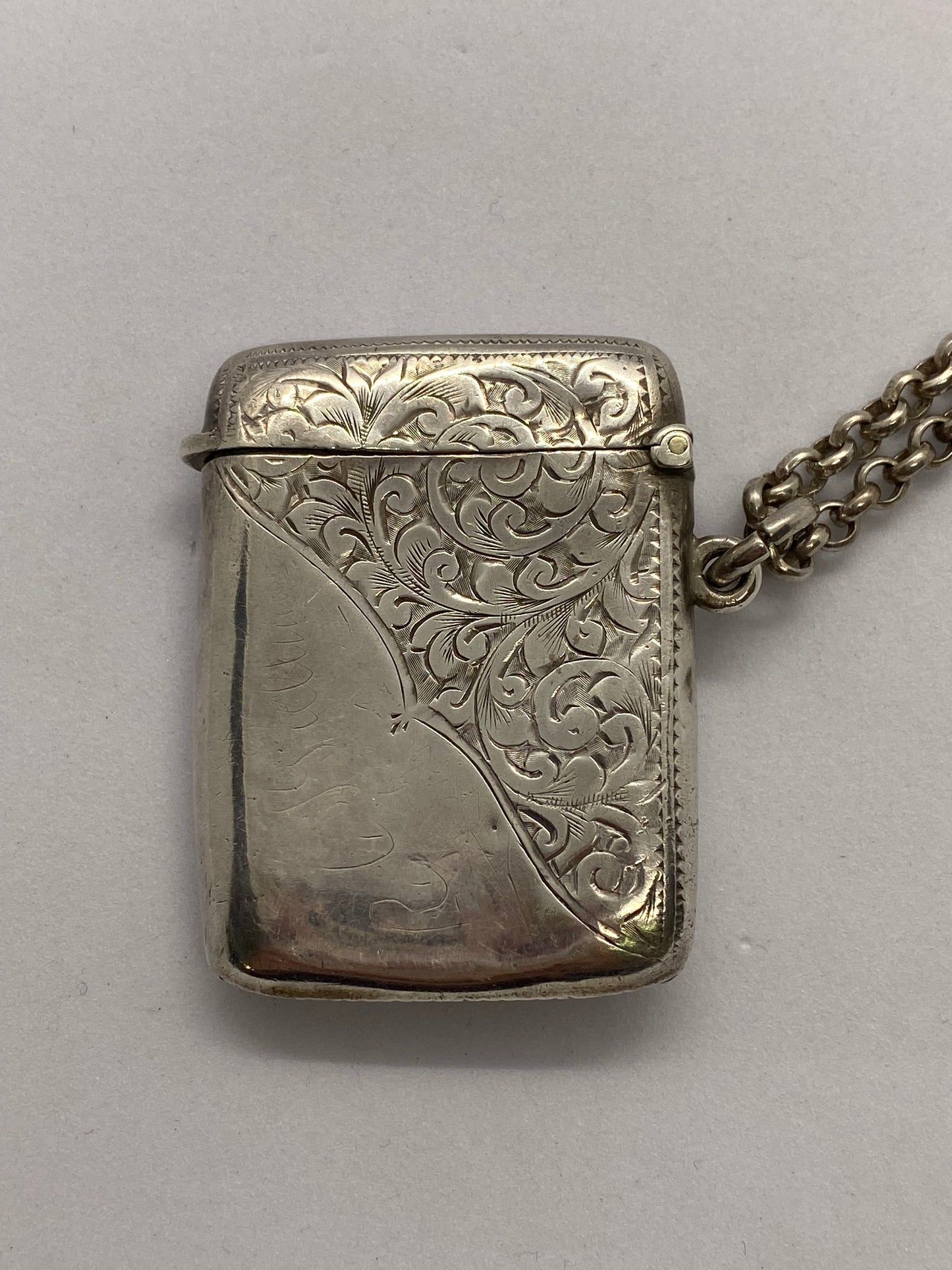 Antique Edwardian Era Sterling Silver Vesta Case & Belcher Chain, Albert Jackson, Birmingham, 1905