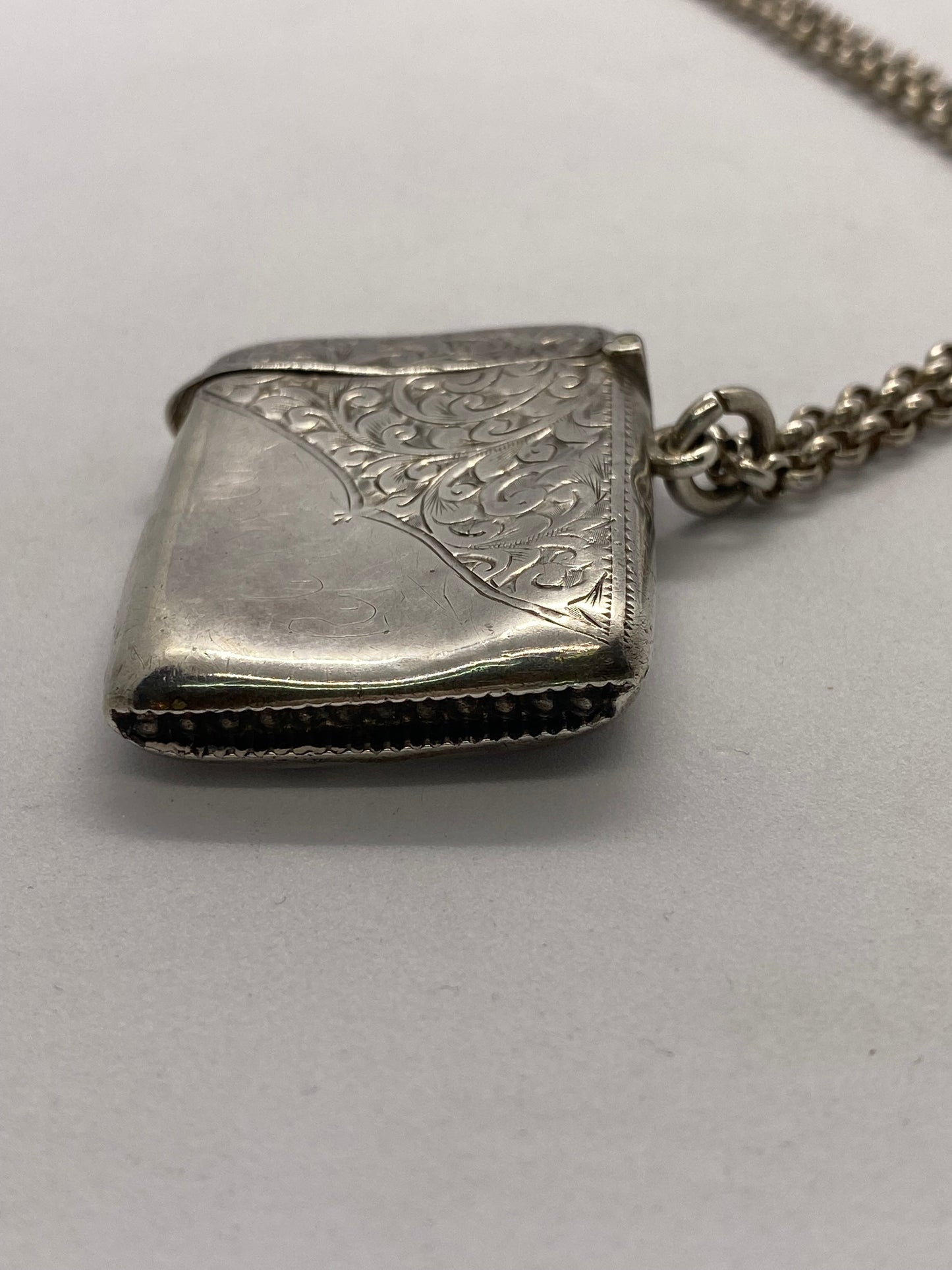 Antique Edwardian Era Sterling Silver Vesta Case & Belcher Chain, Albert Jackson, Birmingham, 1905