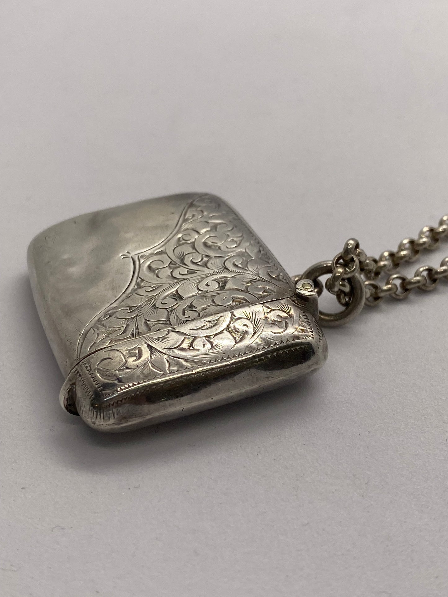 Antique Edwardian Era Sterling Silver Vesta Case & Belcher Chain, Albert Jackson, Birmingham, 1905