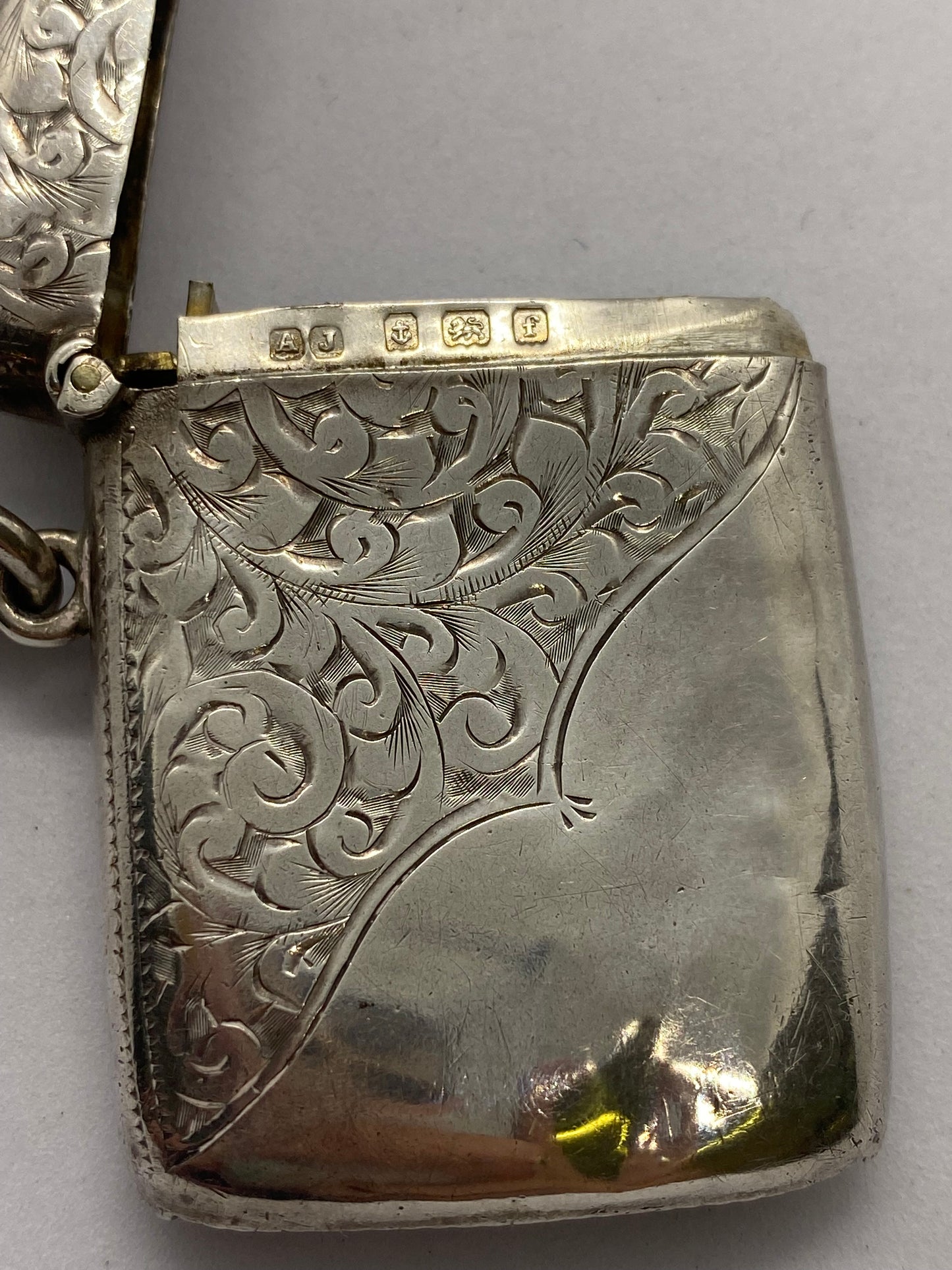 Antique Edwardian Era Sterling Silver Vesta Case & Belcher Chain, Albert Jackson, Birmingham, 1905