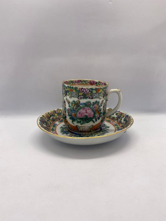 Canton Export Rose Medallion Tea Cup and Saucer Set circa 1915-1950