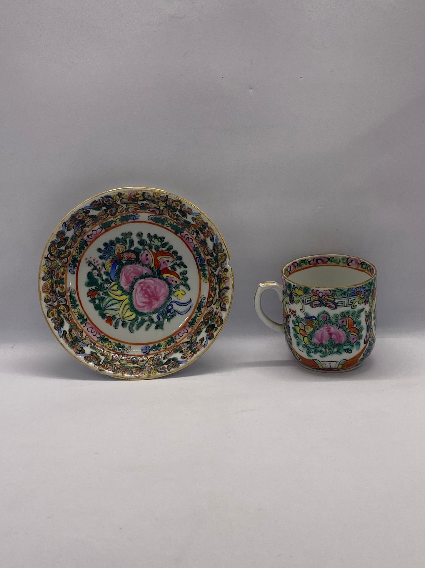 Canton Export Rose Medallion Tea Cup and Saucer Set circa 1915-1950