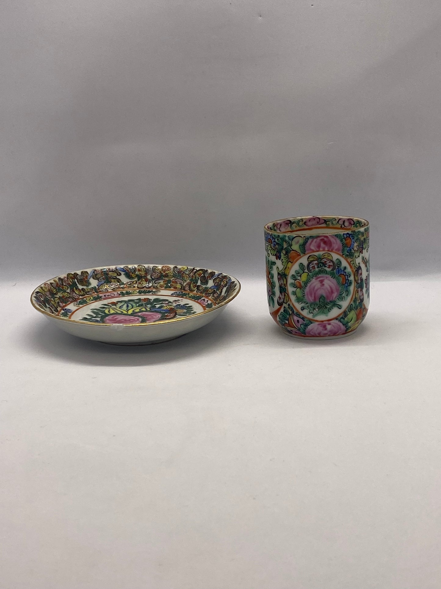 Canton Export Rose Medallion Tea Cup and Saucer Set circa 1915-1950