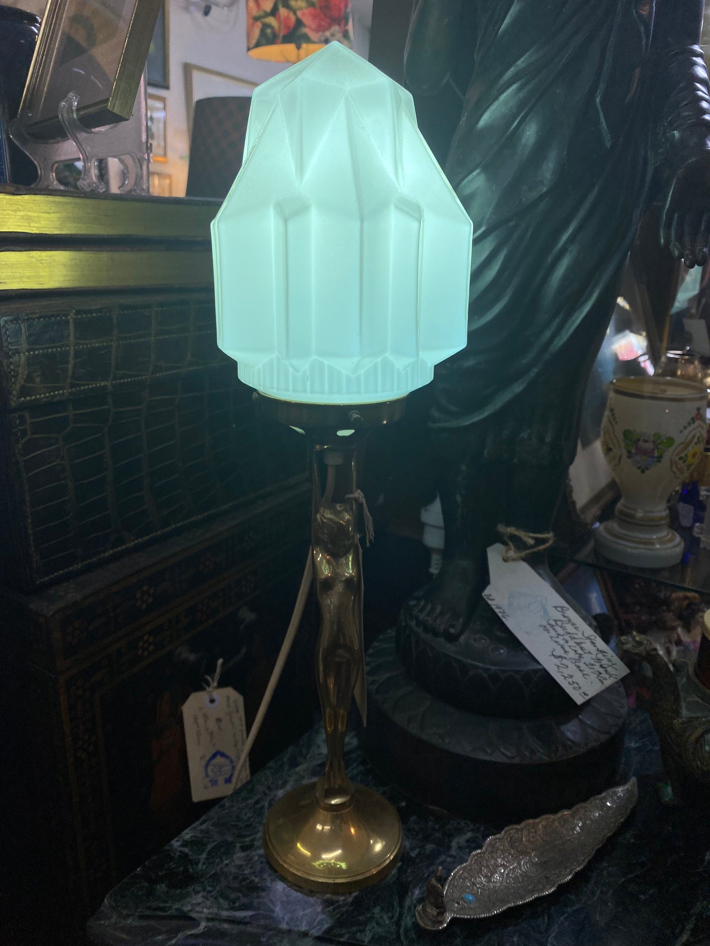 1930s Art Deco Brass Diana Lady Lamp w Rare Skyscraper Shade