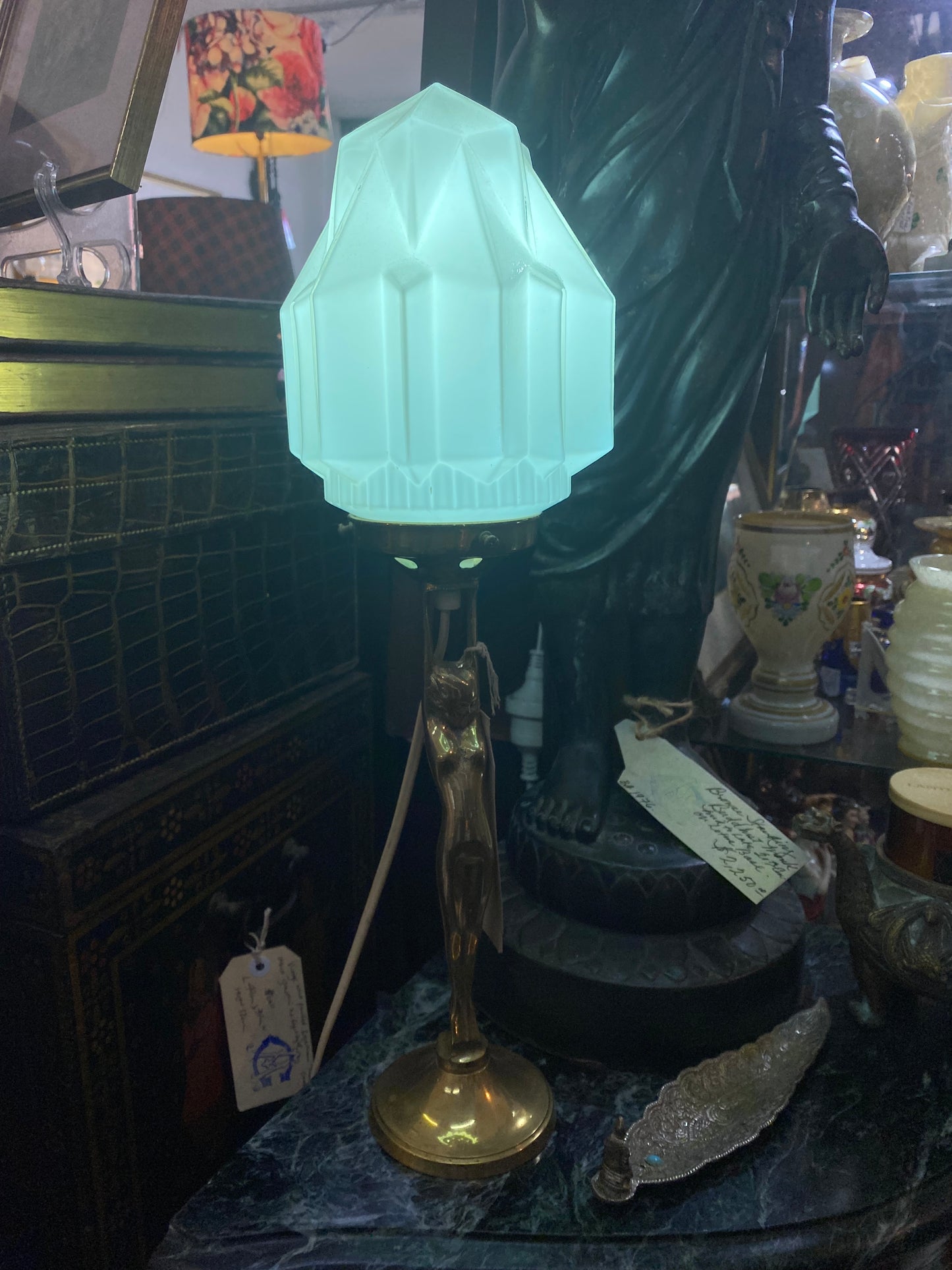 1930s Art Deco Brass Diana Lady Lamp w Rare Skyscraper Shade