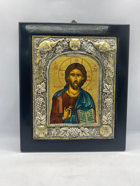 Vintage Byzantine Icon Depicting Jesus with .950 Silver Details