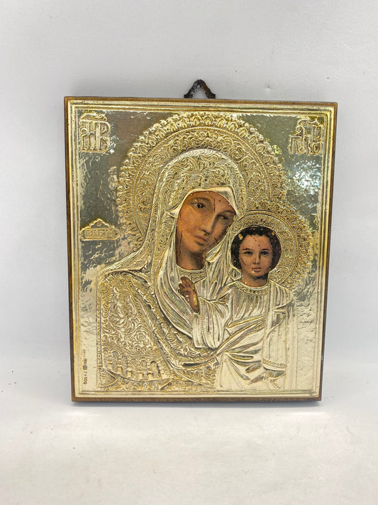 Vintage Byzantine Icon Depicting Madonna and Child Jesus in .950 Silver Detail