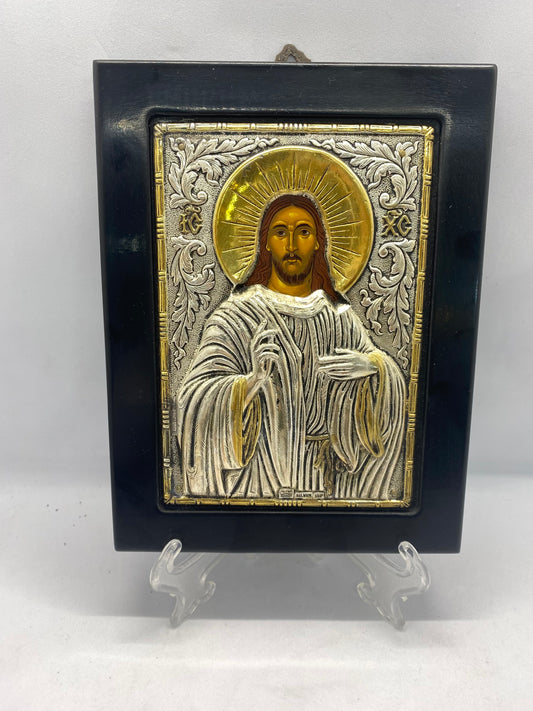 Vintage Byzantine Icon Depicting Jesus with Halo in .950 Silver Detail