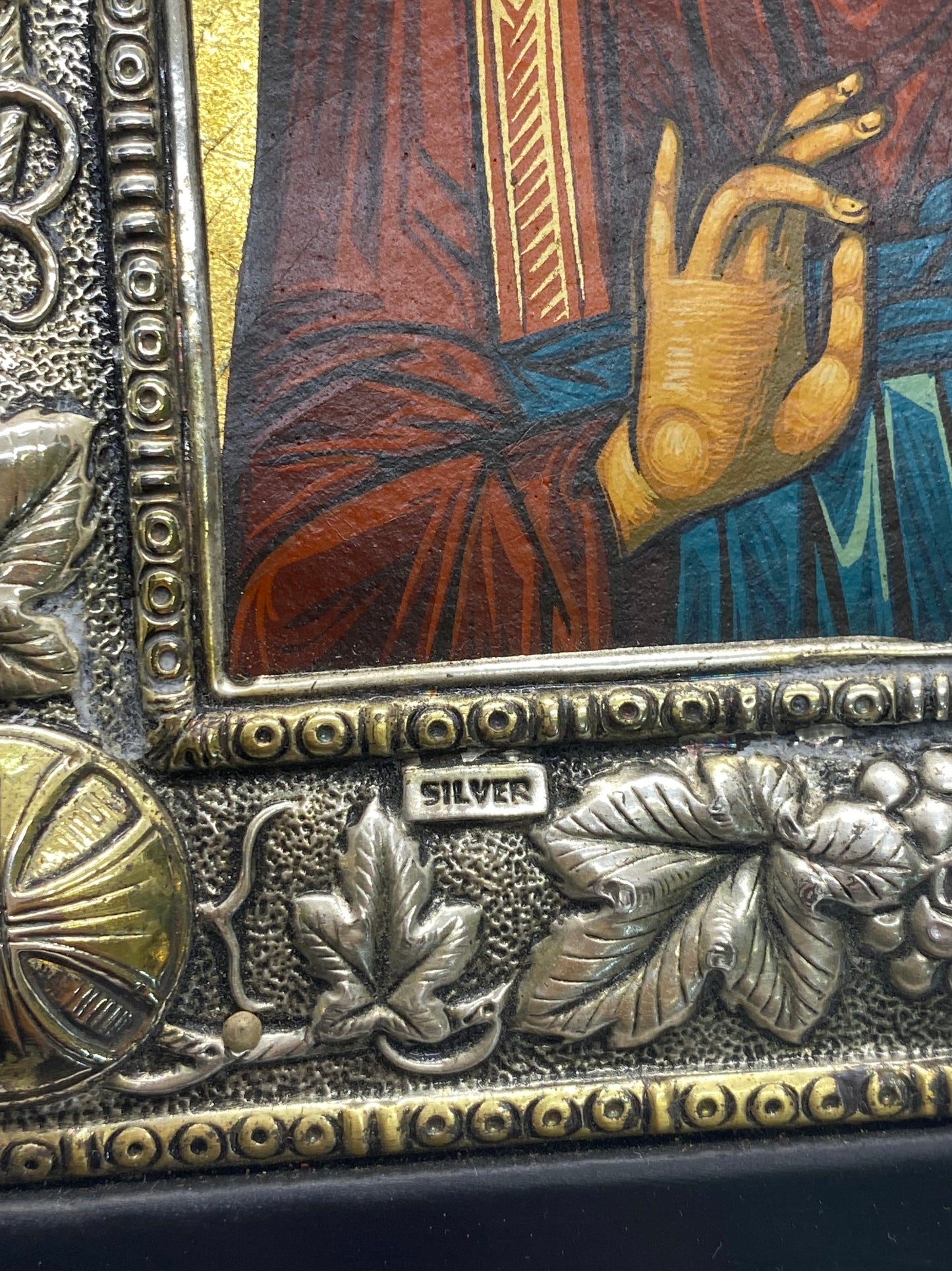 Vintage Byzantine Icon Depicting Jesus with .950 Silver Details