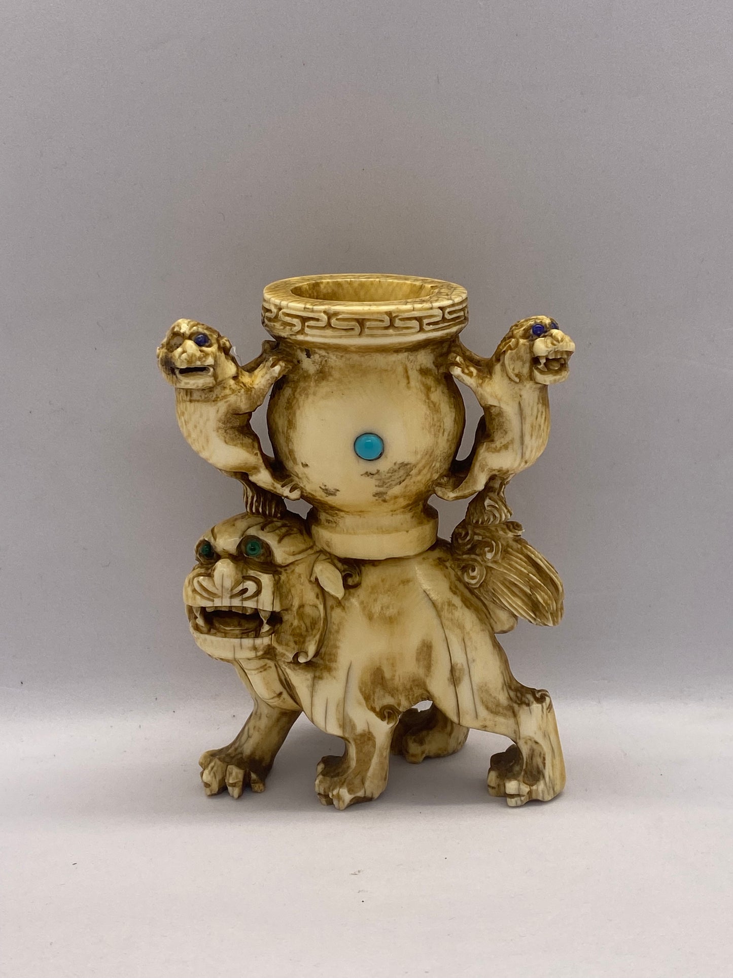 Antique Chinese, possibly Tibetan ivory figurine of 3 mythical foo lions/ shishi figurine