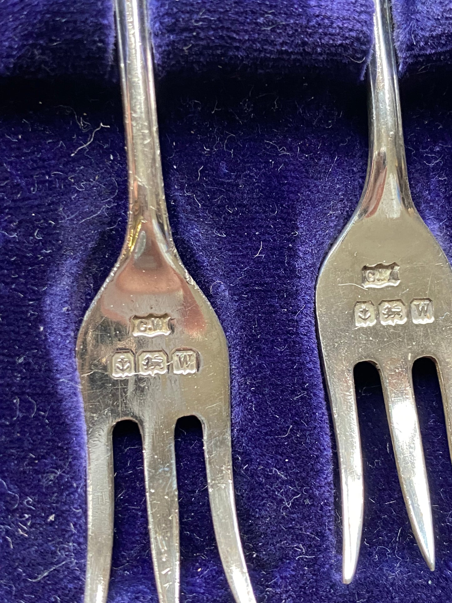 Tenedores de ostras antiguos de plata esterlina inglesa, juego de 6, estuche original