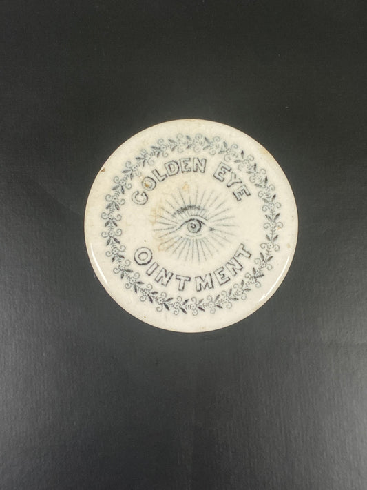 Frasco con tapa de boticario victoriano del siglo XIX, con transferencia de loza, para ungüento de ojos dorados