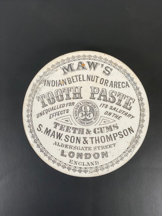 Tapa de bote de pasta de dientes de nuez de betel o areca de Maw's, estilo victoriano del siglo XIX