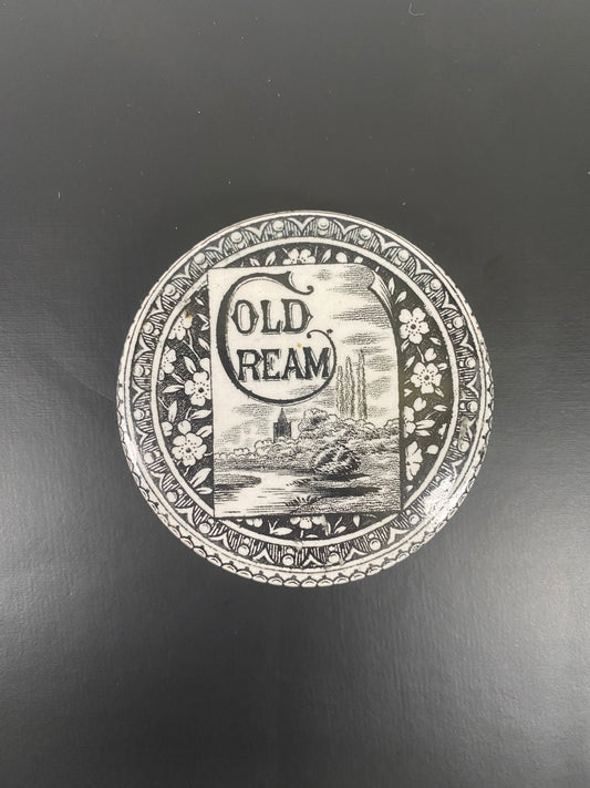 Tapa de bote de crema fría de loza de boticario victoriano del siglo XIX, con motivo de movimiento estético