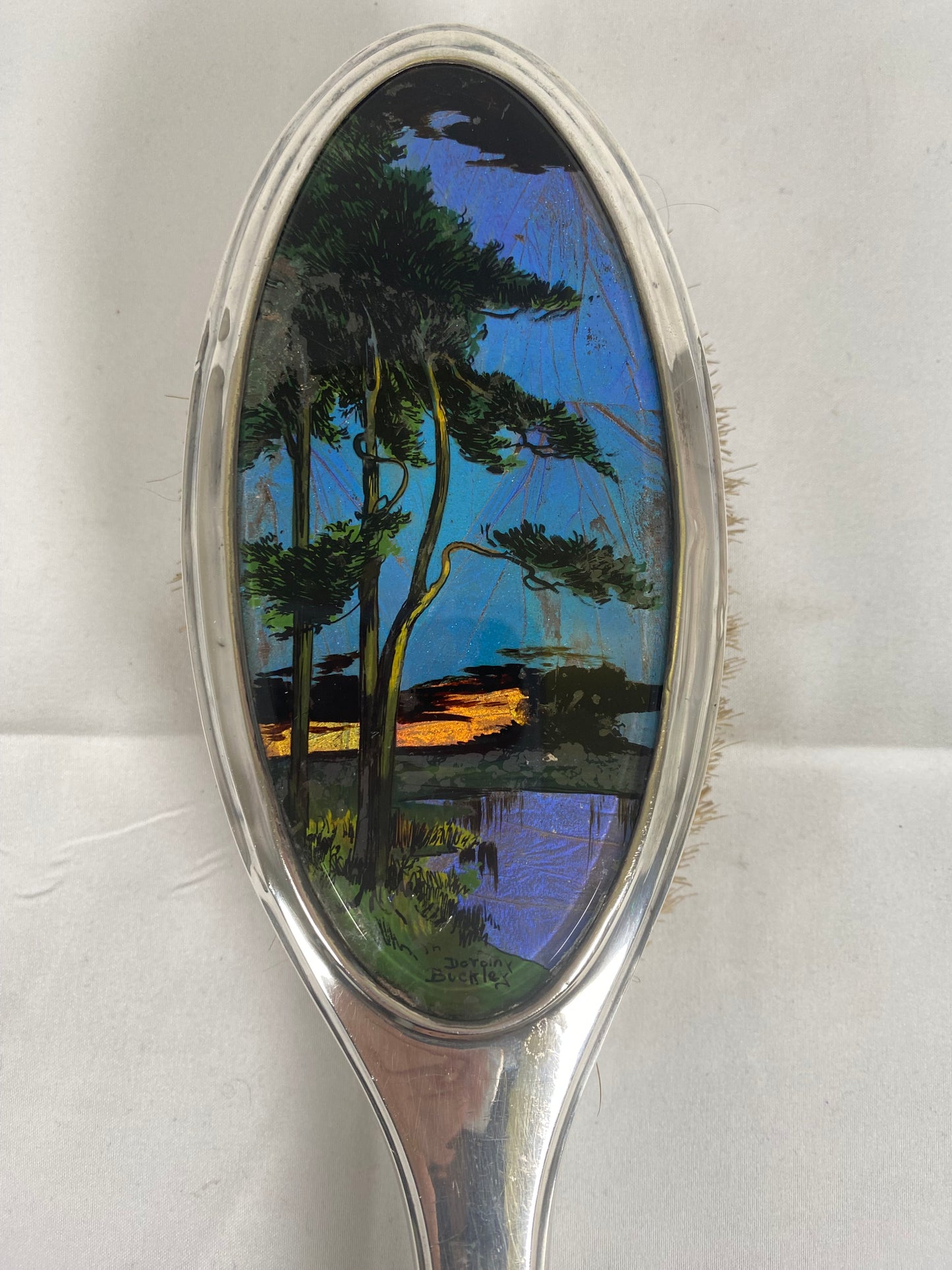 Art Deco Thomas L Mott Morpho Wing Hairbrush, Handpainted by Dorothy Buckley