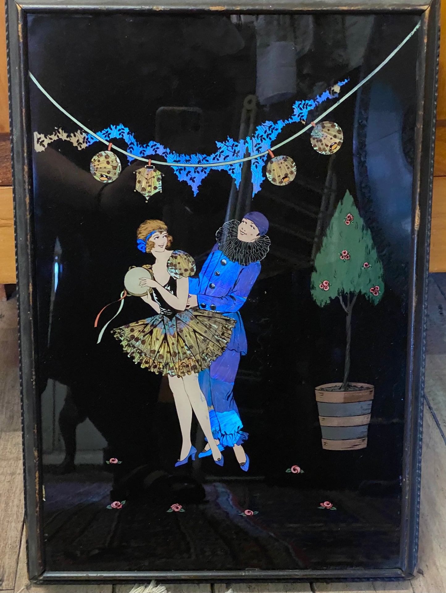 1920s British Art Deco Morpho Wing and Reverse Glass Painting in the style of Dorothy Buckley