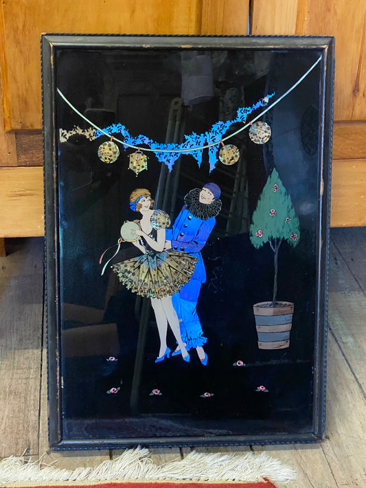 1920s British Art Deco Morpho Wing and Reverse Glass Painting in the style of Dorothy Buckley