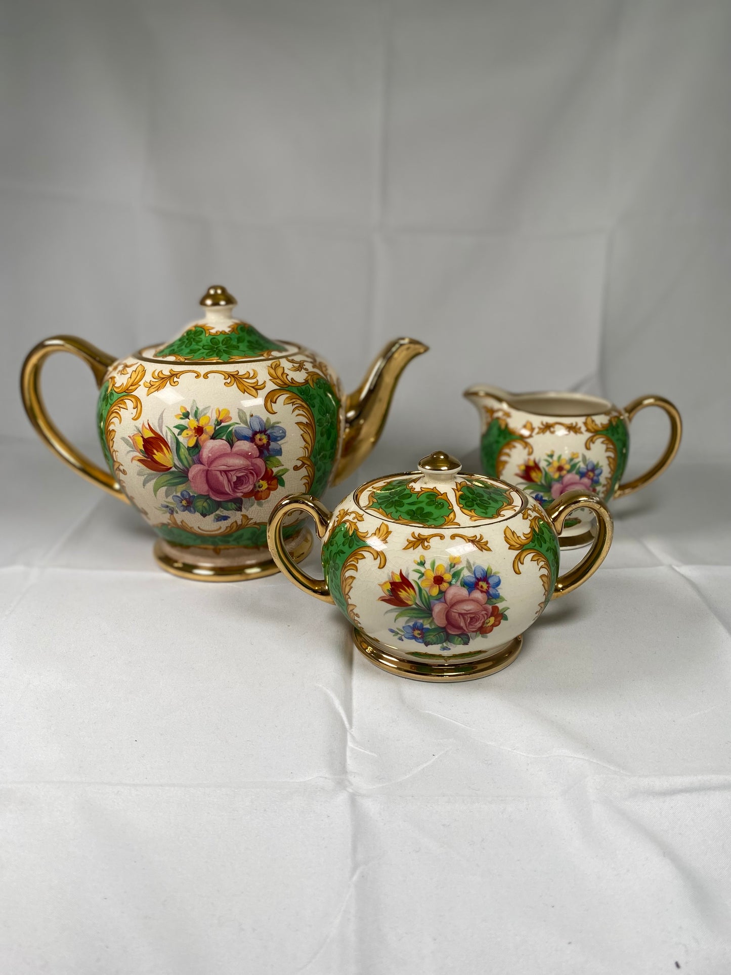 Rare Sadler England Green Floral Teapot, Sugar Bowl & Creamer 3 pc Set