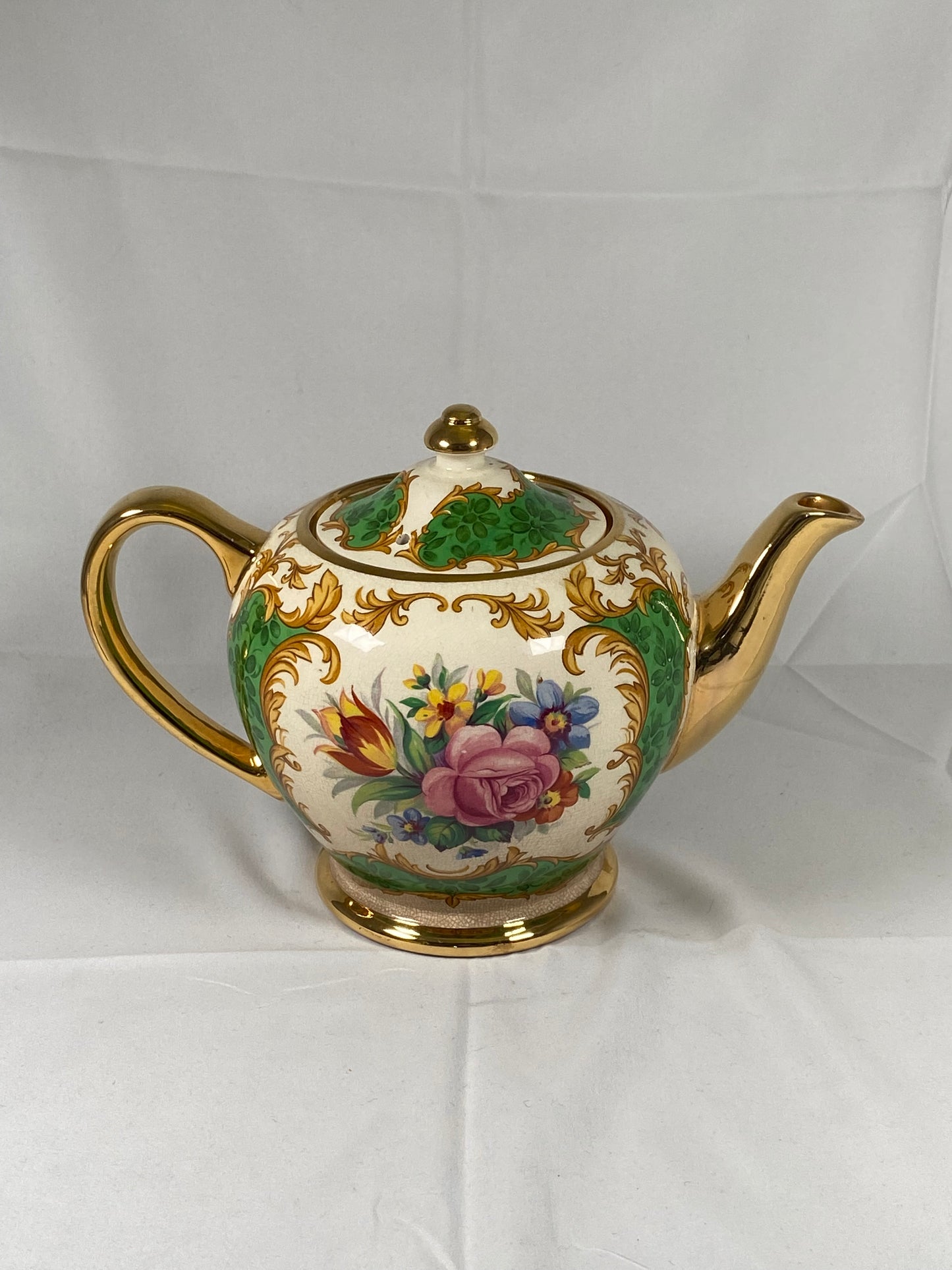 Rare Sadler England Green Floral Teapot, Sugar Bowl & Creamer 3 pc Set