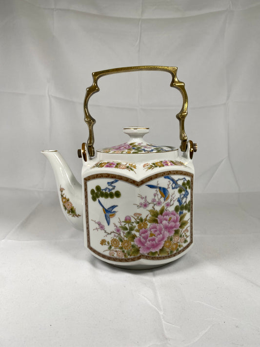 Lovely Vintage Japanese Homco Bird and Floral Teapot, 1980s, Brass Handle
