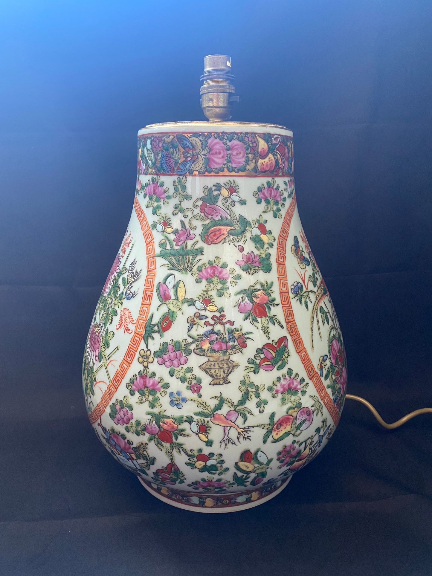Monumental Late Qing Period Lamp, Celadon Porcelain, Famille Rose Enamels