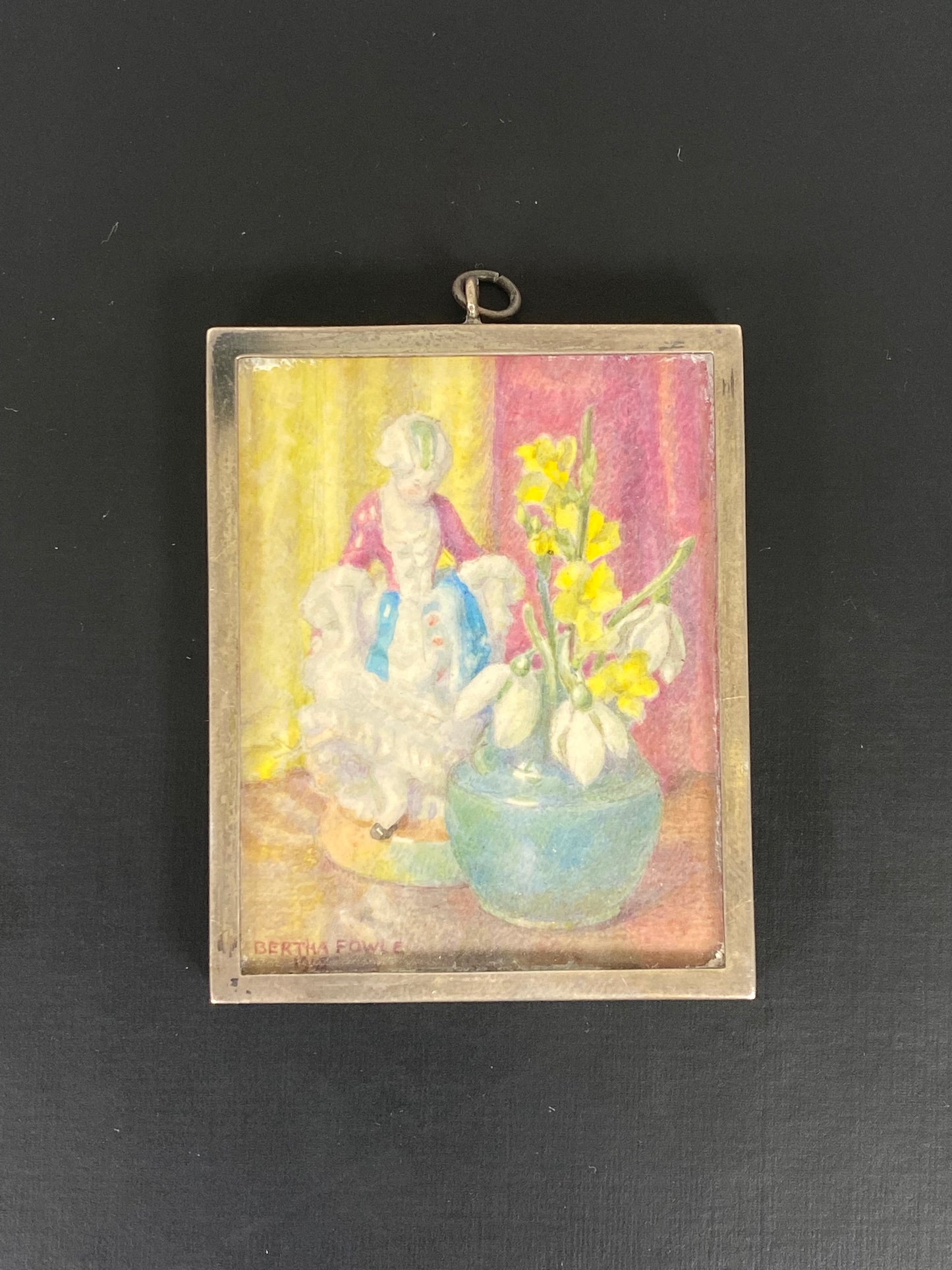 Watercolour Miniature by Bertha Fowle circa 1945, Sterling Silver Frame