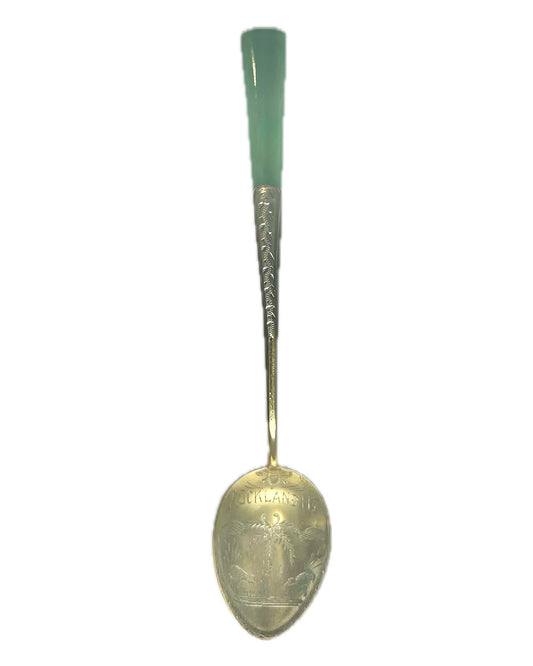 Rare antique New Zealand sterling silver and nephrite jade souvenir spoon, Adolph Kohn, Auckland