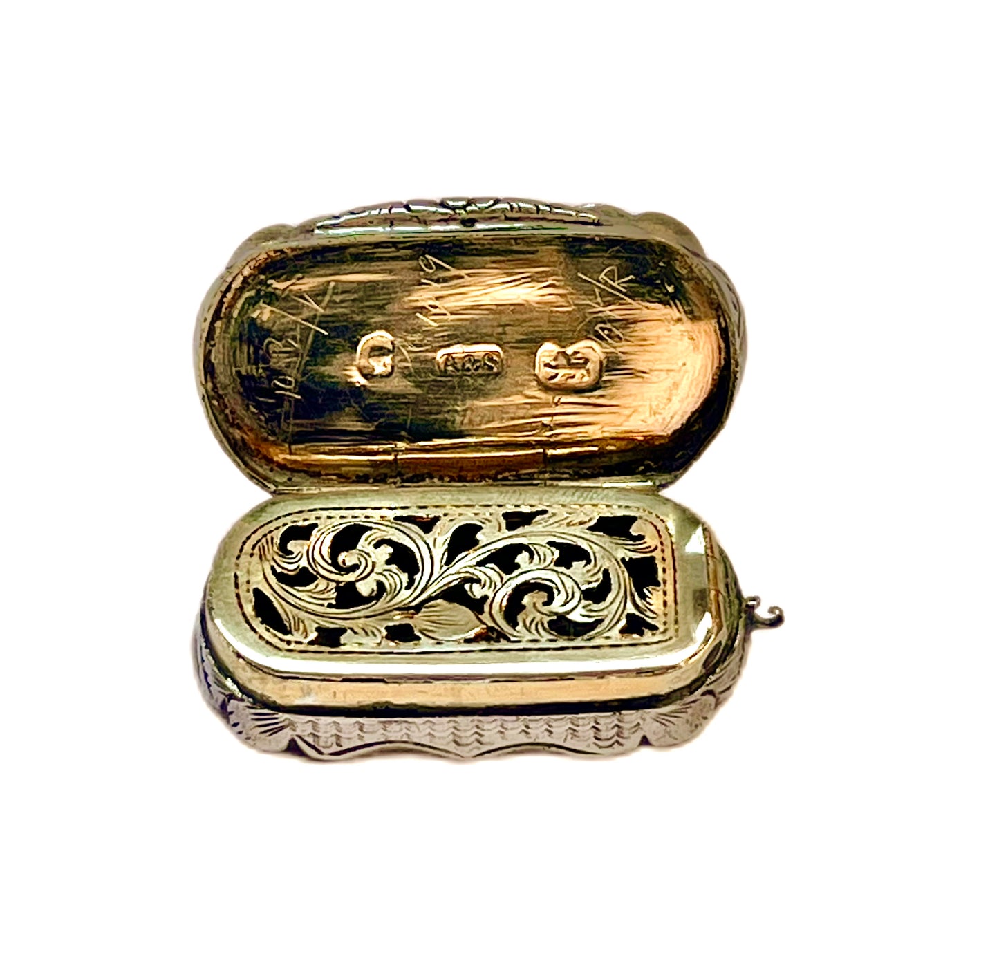 Sterling silver High Victorian vinaigrette with marks for Aston & Son, Birmingham, 1859.