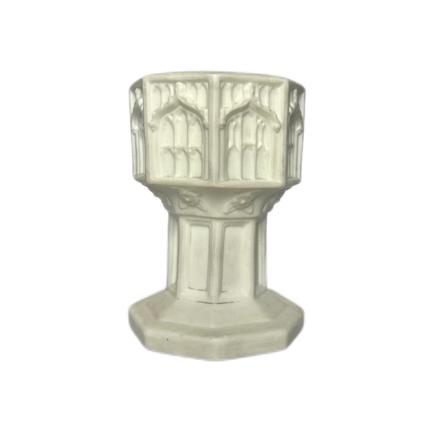 罕见的古董迷你洗礼盆，采用帕里安陶器，诺丁汉圣玛丽教堂，由明顿公司制造。