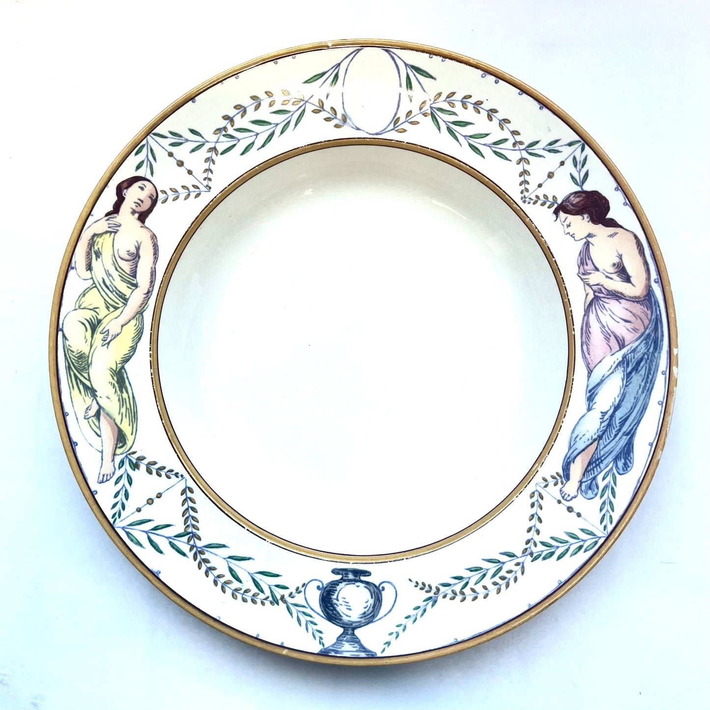 Antique Wedgwood transferware soup bowl, with rare art nouveau lady Day and Night motifs