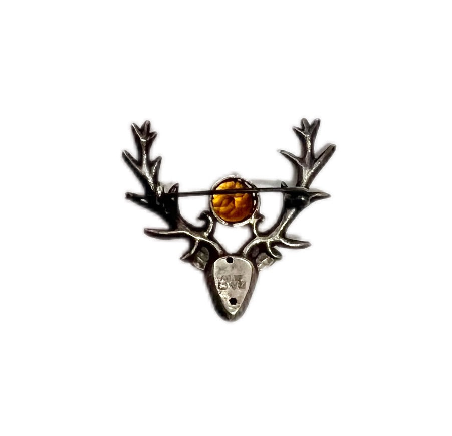 Antique English sterling silver and citrine stag brooch