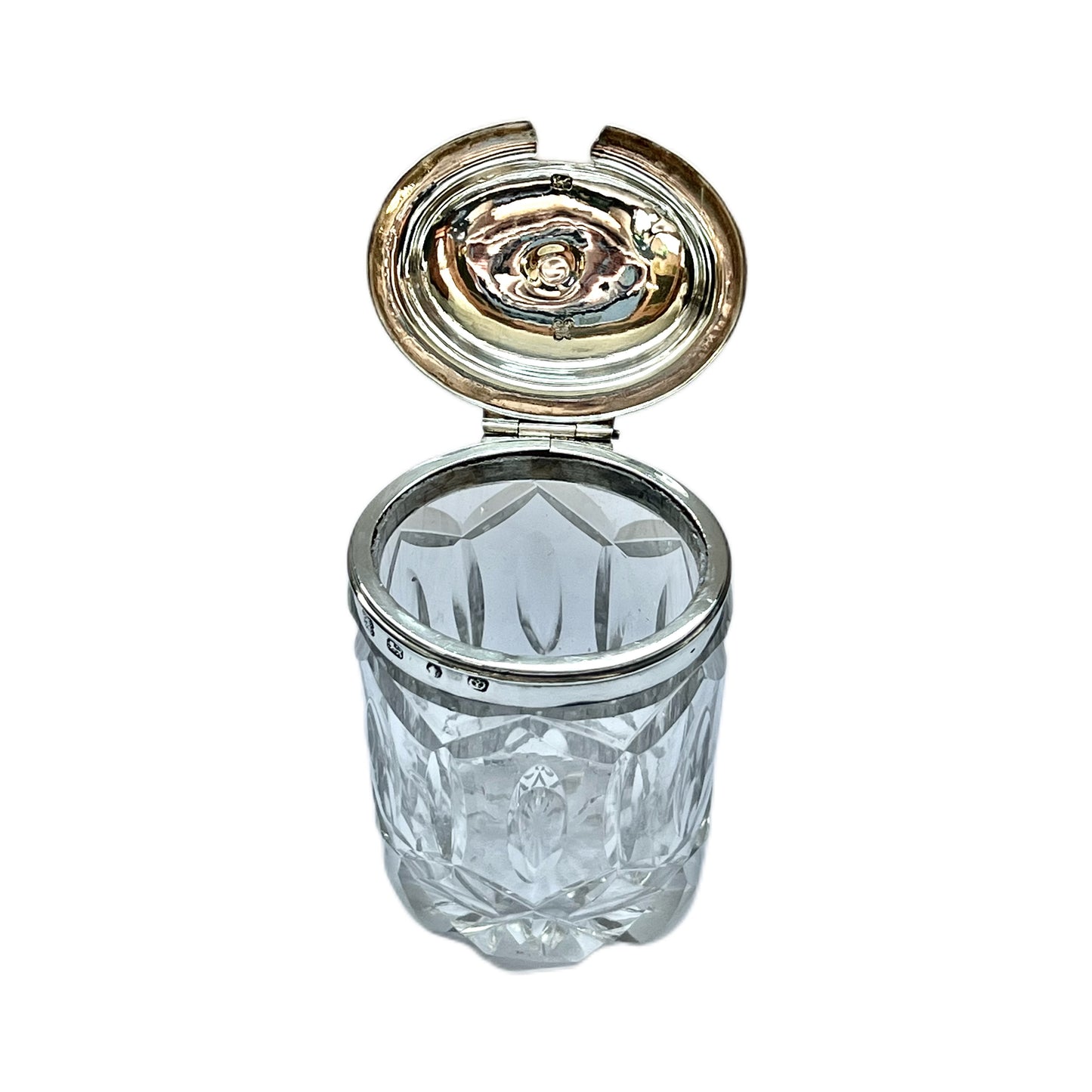 Scarce High Victorian sterling silver and cut glass condiment jar or mustard pot. Sheffield, Edward & William Smith circa 1850