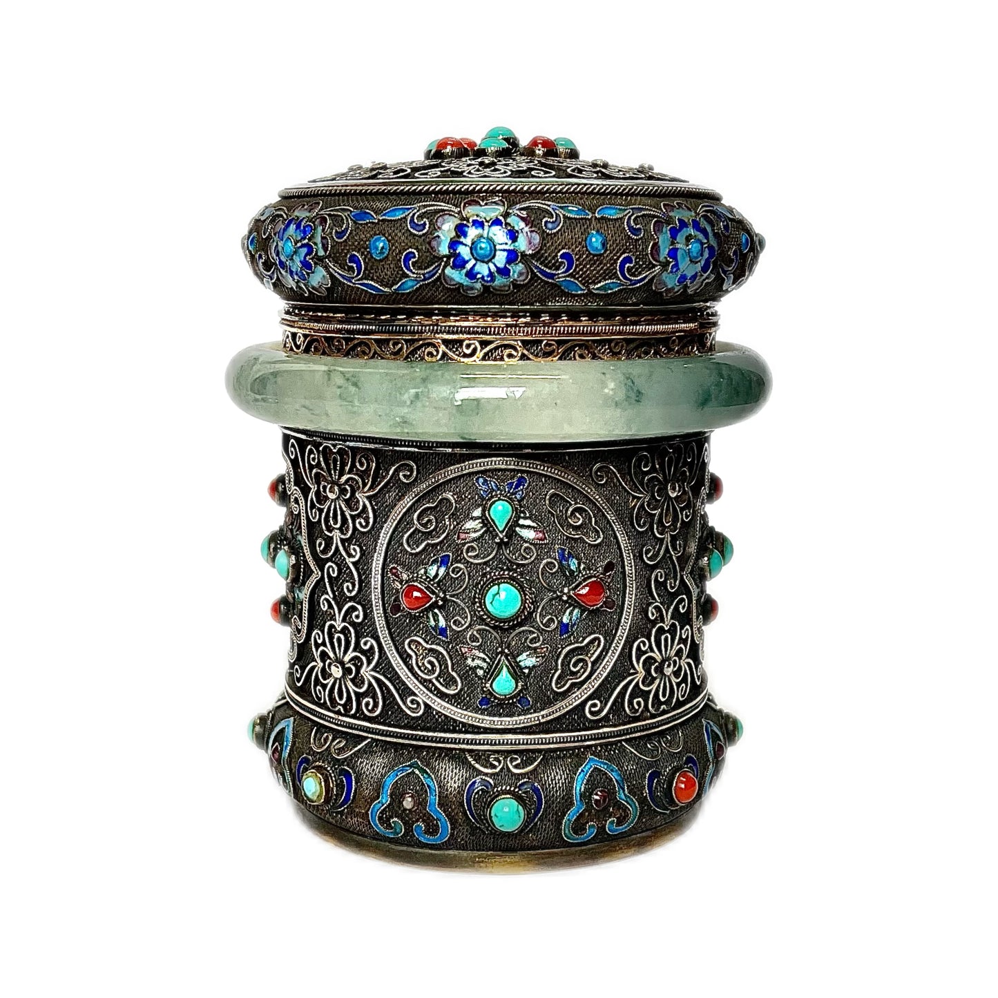 Antique Chinese export silver, enamel and jadeite tea caddy, late Qing to early Republic Period