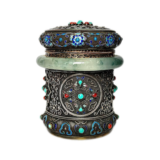 Antique Chinese export silver, enamel and jadeite tea caddy, late Qing to early Republic Period