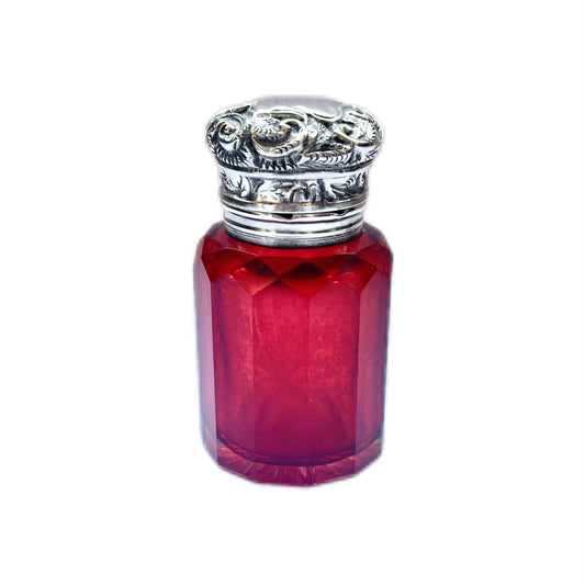 Antique late Victorian sterling silver and ruby glass scent or toiletry bottle