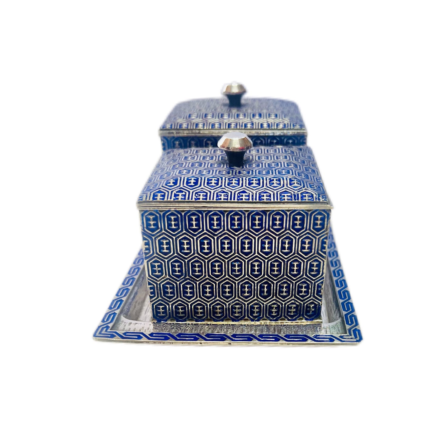 精美罕见的韩国珐琅纯银调味品套装，约产于 20 世纪 60 年代