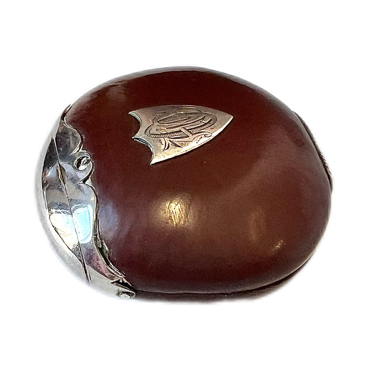 Antique Australian colonial period Burra nut vesta case with sterling silver mounts