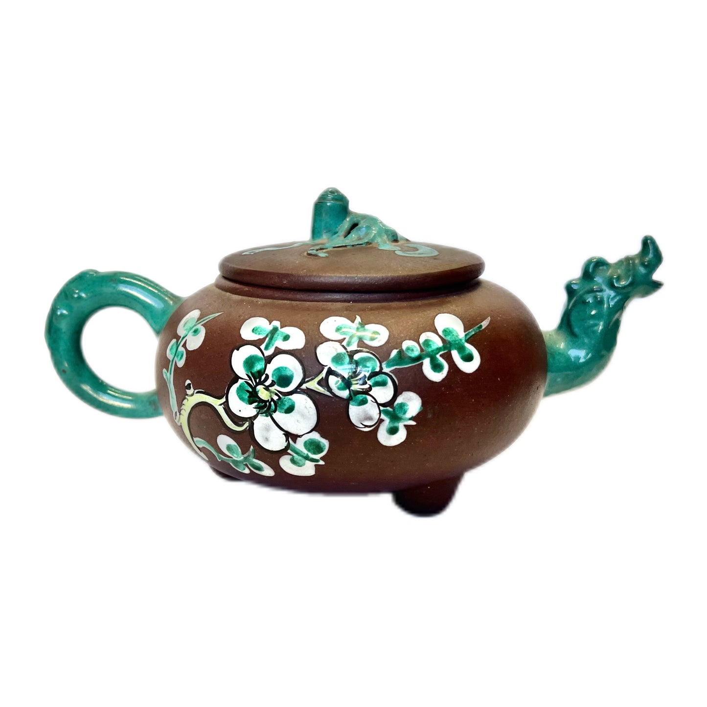 Antique Chinese Yixing Zisha clay teapot, celadon glazed dragon spout