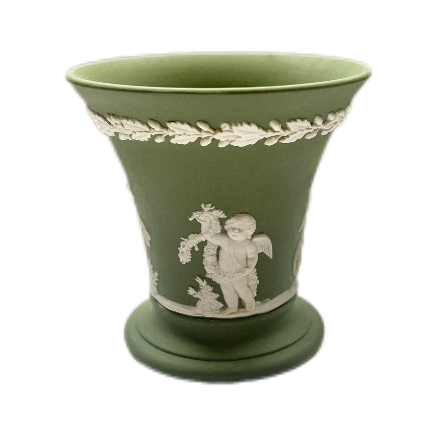 Vintage green Wedgwood posy vase with neo-classical motifs