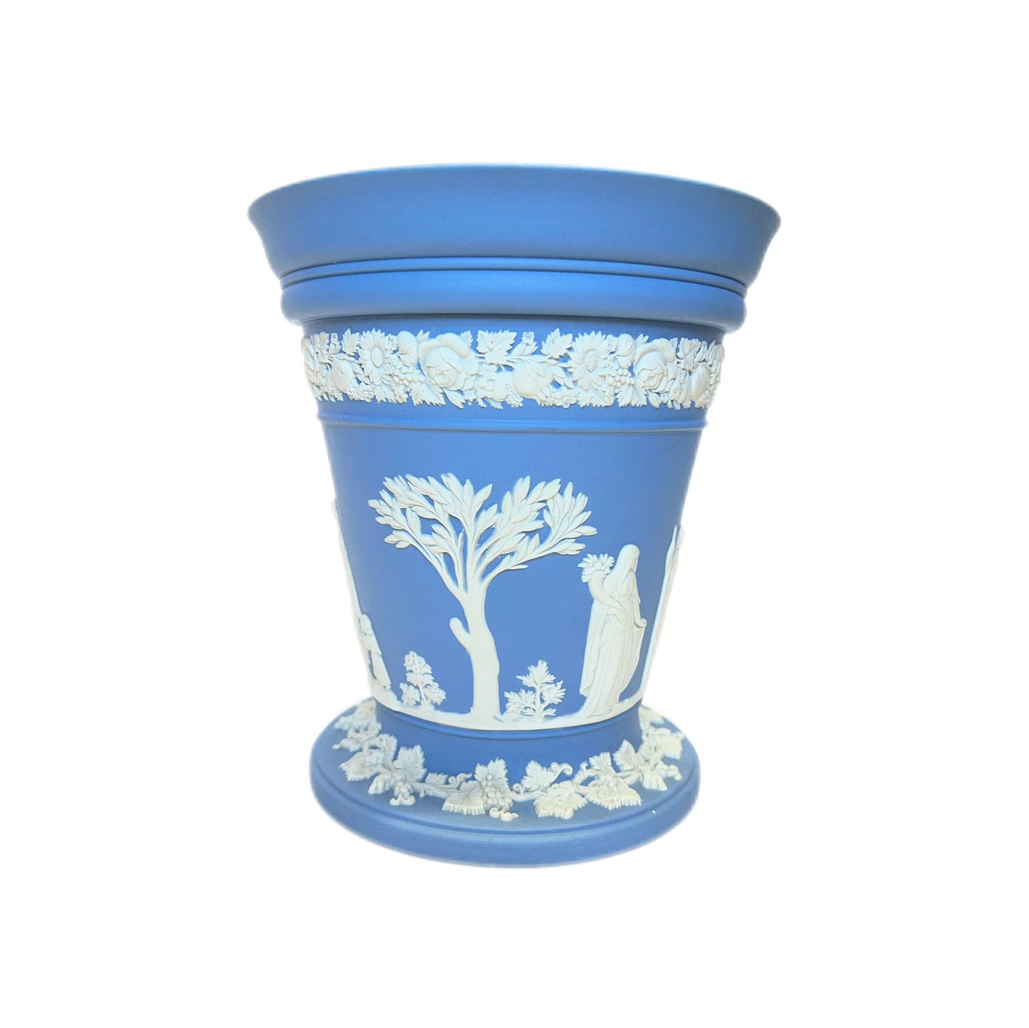 Large vintage blue Wedgwood vase with original flower frog
