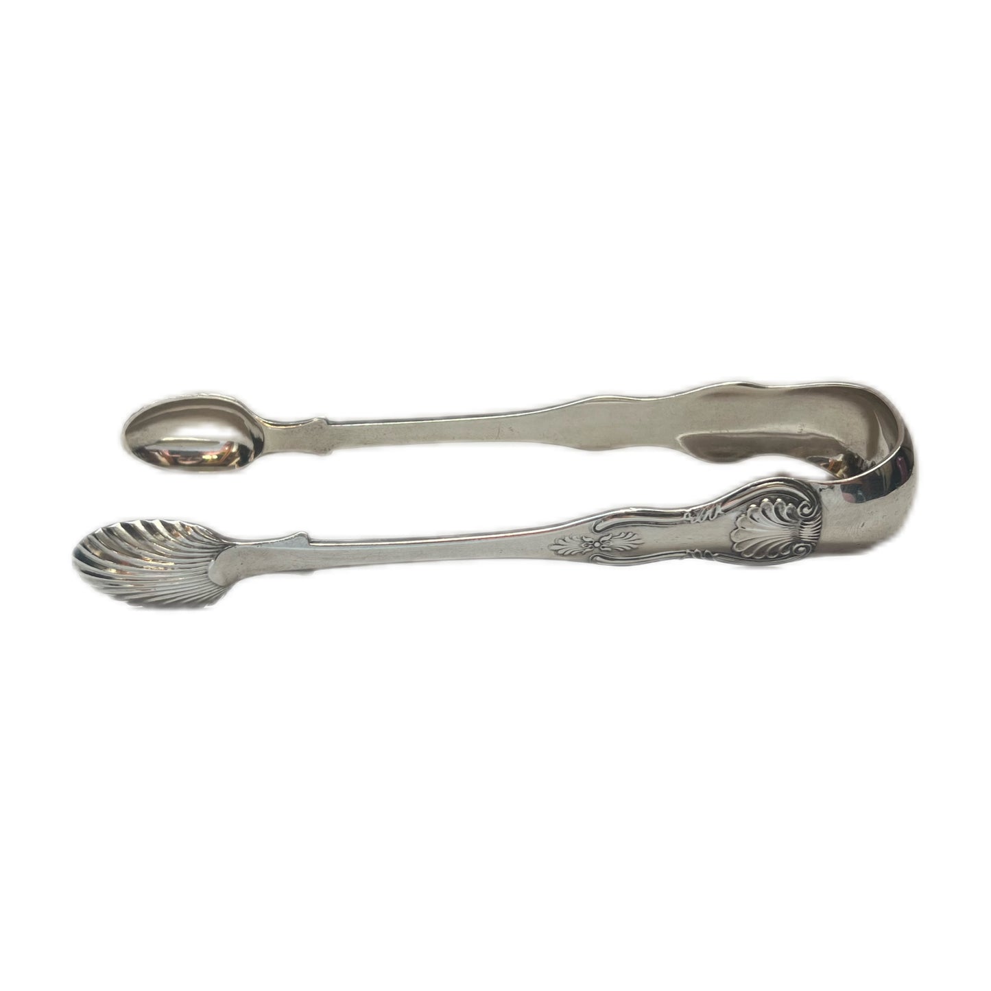 Antique Victorian Scottish sterling silver pair of Kings pattern tongs with shell bowls