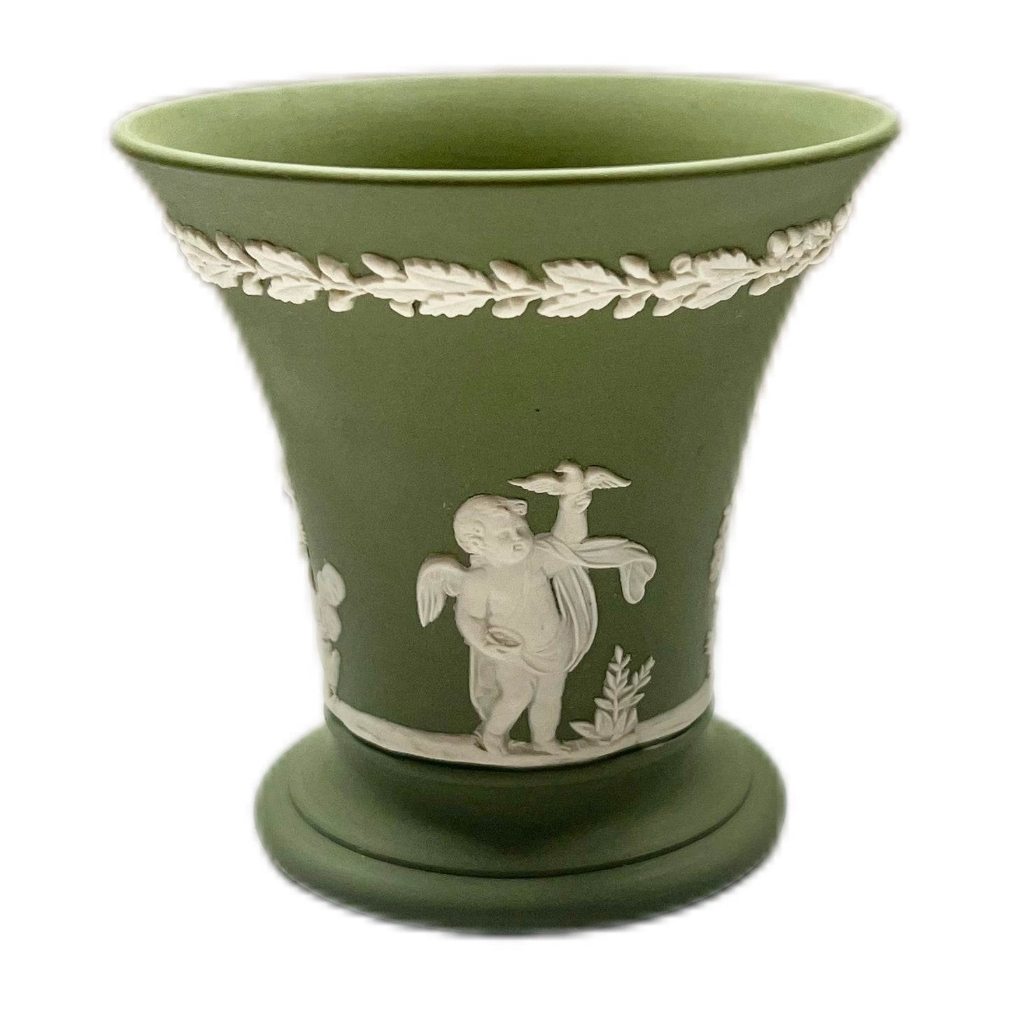 Vintage green Wedgwood posy vase with neo-classical motifs