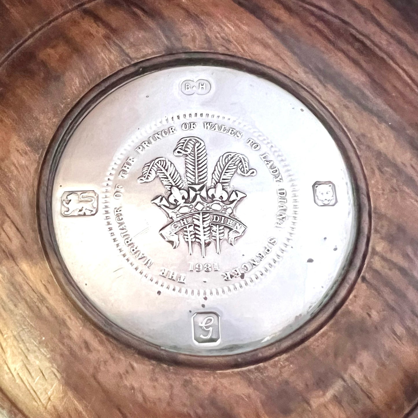 Large vintage QEII timber and sterling silver bottle holder, Bruford & Heming Ltd