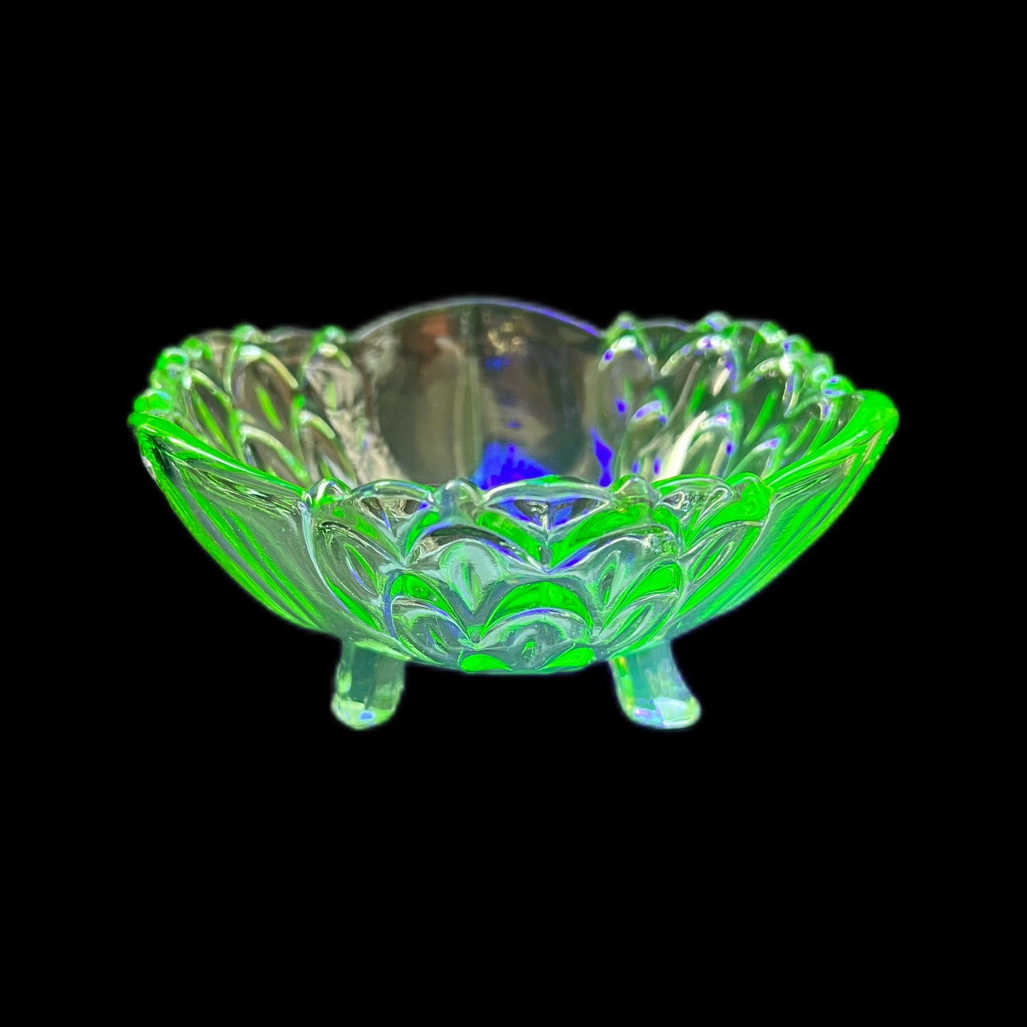 Art Deco uranium glass three-footed bowl circa 1930s to 1940s