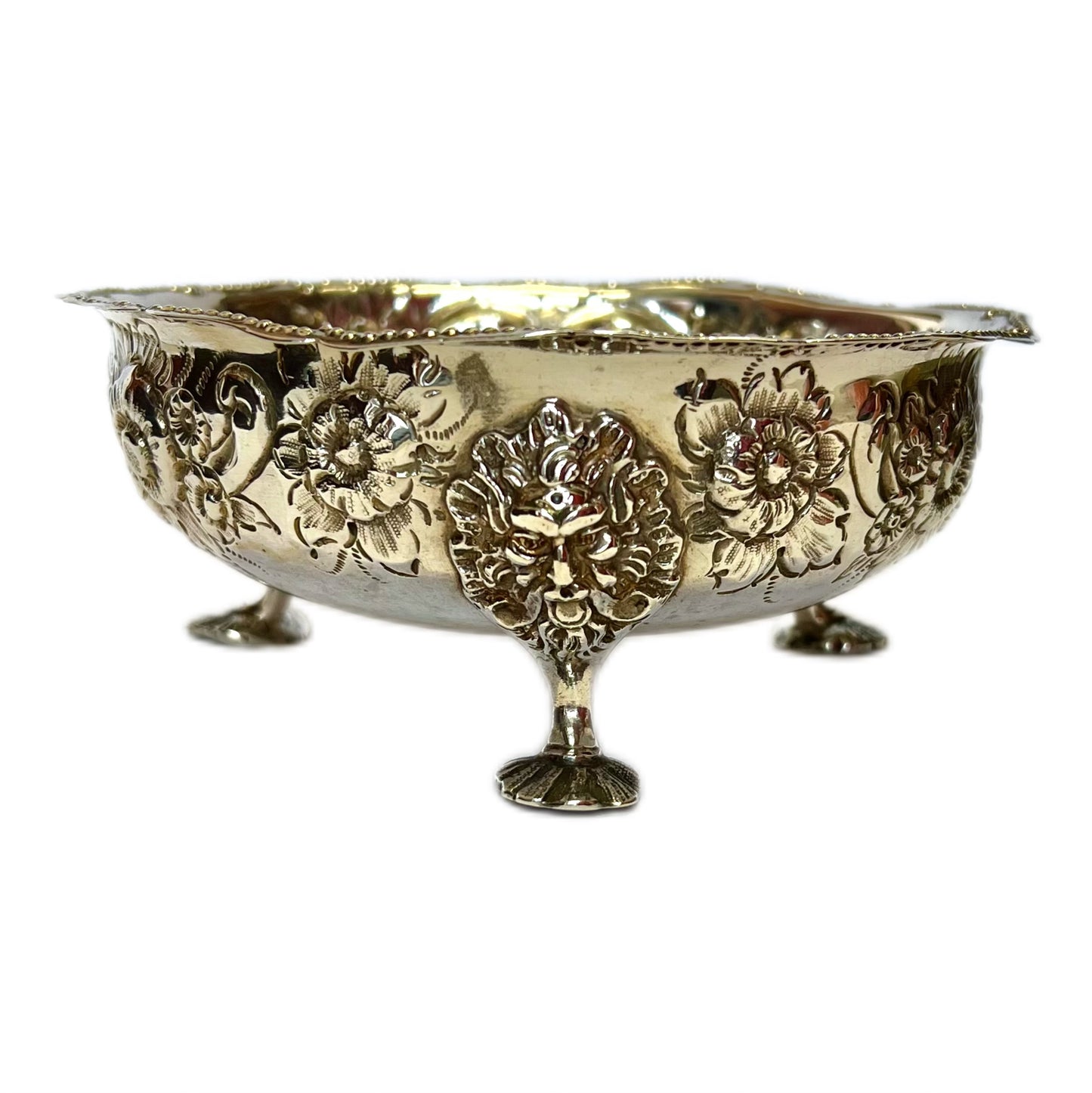 Antique Victorian sterling silver footed sugar bowl with Green Man motifs